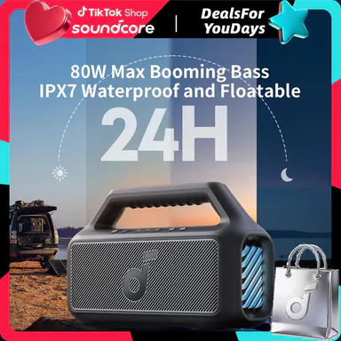 soundcore Boom 2 By Anker Audio Wireless Bluetooth Speaker - 80W Sound System, Subwoofer, BassUp 2.0, 24H Playtime, IPX7 Waterproof, Floatable, RGB Lights, USB-C, Custom EQ, Bluetooth 5.3, Multifunctional Portable for Camping, Beach, Songs, Led Light, Bat