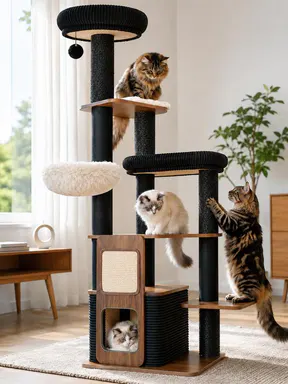 63 Inch Large Cat Tree for Indoor Cats, Heavy Duty Modern Cat Tower with Extra Large Plush Top Perch, Hammock, Scratching Posts & Spacious Condo