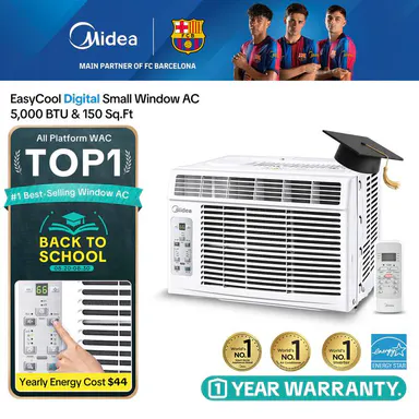 Midea 5,000 BTU Digital Window Air Conditioner, Cools up to 150 Sq. Ft. AC with Easy-to-Use Reusable Filter, Remote, Perfect AC for Bedroom, Living Room, Home Office, Electronic Control