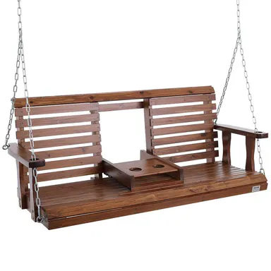 VEVOR 5 ft Wood Porch Swing, Classic Retro Heavy-Duty 2-3 Person Patio Bench with Heavy-Duty Construction, Adjustable Hanging Chains, 880 lbs Load Capacity, Pre-Drilled Holes, Smooth PU Finish, Cup Holder, Brown#SohoChic for Courtyard