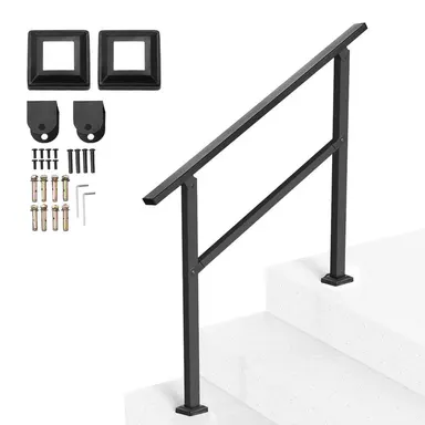 VEVOR Outdoor Metal Stair Handrails Kit with Nuts, Fits 2-3 Steps, Black Square Tube Horizontal Bar, Carbon Steel Supports Load for Seniors, Concrete & Deck Stairs, Easy Installation#BackToSchool