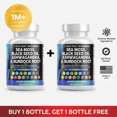 Clean Nutra BOGO | Sea Moss, Black Seed Oil, Ashwagandha, Turmeric, Bladderwrack, Burdock, Vitamin C, Vitamin D3 with Elderberry Manuka Supplement Capsules – MultiMineral
