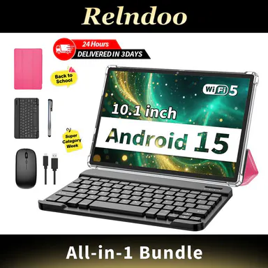 【TikTokShopBackToSchool】RELNDOO 2026 Back-to-School 10.1in 2-in-1 Android Tablet Computer Gift Bundle with Keyboard, Mouse, Stylus, Foldable Cover, Screen Protector, 5G WiFi, Dual Camera, Detachable Touchscreen, Type C, Handheld PC, Multitasking