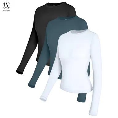 AUTOMET 3 Pack Womens Long Sleeve Basic Shirts Underscrub Compression Tops Y2K Street Look, High Stretch, Buttery-Soft, Gym to Club Staple, Pairs with Cargo or Jeans, Daily Chic Staple