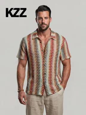 KZZ Men's Openwork Knit Shirt, Stylish Short Sleeve Casual Street Top with Colorful Drawstring, Breathable Fabric for Summer, Breathable Clothes, Shortsleeve, Knitted, Casual Beach Shirt, Fashion Apparel, Lace Up, Knitted Fabric