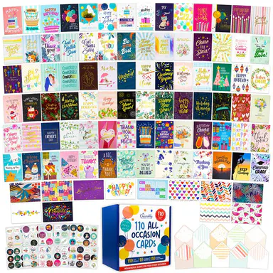 Decorably 110 Pack Gold Foiled & Glittery 5x7in All Occasion Cards Assortment Box with Envelopes & Stickers, 110 Unique Designs Folded Greeting Cards Assortment Box with Envelopes with Printed Message