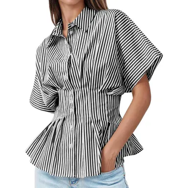 TANKANEO Women's Striped Peplum Button-Down Blouse - Fitted, Waisted, Short-Sleeve Batwing Pleated, Breathable Casual Fashion Wear for Summer Business Casual, Day Use (Women's Clothes), Fashion Apparel, Tops For Women
