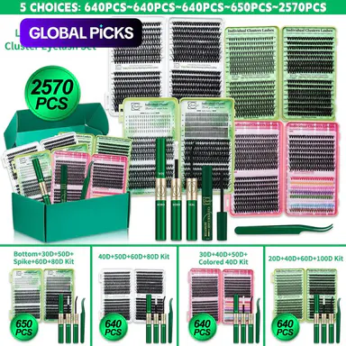 2570/650/640Pcs Cluster Eyelash Extensions Set, Spiky Eyelash Clusters, D Curl, 10 Styles Colored, Spiky & Wispy Lashes with Bond & Seal, Lash Remover & Lash Applicator, for Beginners & Pros, Easy DIY at Home, Easy to Apply for Daily Makeup #GLOBAL PICKS
