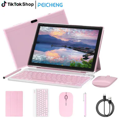 10.1-inch Android Tablet with Screen, 6GB Physical RAM, 128GB ROM (1TB Max Expandable), Octa-Core 2.2GHz, 2MP+8MP Dual Cameras, 6000mAh Battery, Type-C Cable, Keyboard, Mouse, Stylus, Case, Back to School Tech Deals for Streaming Tablets
