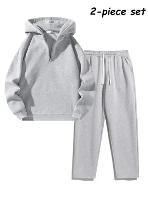Men's Plain Two-piece  or   three-piece  Casual Sporty Sweatsuit Set, Basic Regular Fit Casual Drop Shoulder Half Zip Long Sleeve Hoodie & Pocket Drawstring Sweatpants, Men's Clothing