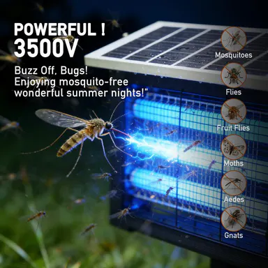HYKOONT Solar Bug Zapper - 3500V Triple Tube, Dusk-to-Dawn UV-C UV Trap, Home Flying Pest Killer for Summer Gardens, Insect Pest Control, Uv Mosquito Trap