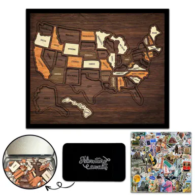 Flinelife Wooden USA Travel Map Puzzle 13x11\" - Vintage Room Decor & Wall Decor, Funky Whimsical Home Decor, Boujee Home Accessories, Oddities Room Decorations Gift