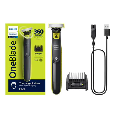 Philips Norelco OneBlade 360 Face, Electric Trimmer and Shaver, QP2724/70 Stainless Steel Comb Handle Cordless Portable Shaver Cordless Portable Shaver