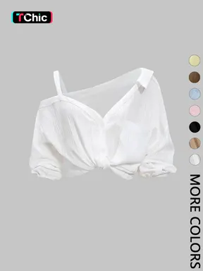 1 Spring Summer Asymmetric Cold Shoulder Blouse Women Shirts Top | Collared Button Down Textured Fabric 3/4 Sleeve | Clean Girl Casual Chic Style for Daily Vacation Beach Travel