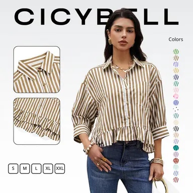 Cicy Bell Women's Cropped Striped V-Neck Button-Down Blouse - 3/4 Length Sleeve, Ruffle Detail, Polyester Button Fastening Top, Dressy Casual Summer Women's Top and Blouse,clothes for back to school,first day of school outfits