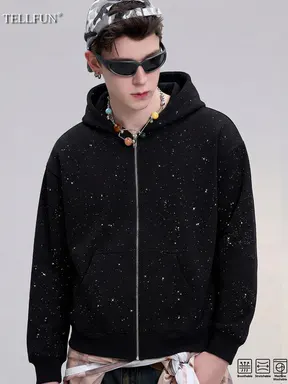 TELLFUN- 2026 NEW Men's Sequined Hooded Sweatshirt with Zipper and Pockets,  Long-Sleeved Hoodie with Pockets, Casual Streetwear Style, Perfect for Daily Wear fall clothes black zip hoodies men