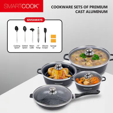 Smartcook Premium Ceramic Nonstick Cast Aluminum Cookware Set - Saucepan, Stockpot, Frying Pan, Ladle, Tongs, Cooking Spoon, Tempered Glass Lids, Ceramic Handles, PFOA-Free, Induction-Ready, Oven-Dishwasher Safe, Wear-Resistant