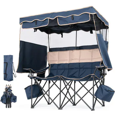 ABORON XXL Double Camping Chair with Shade Canopy, Fully Padded Folding Camping Loveseat , Oversized Camping Bench Lawn Chairs Patio Lounge Chairs for Adults tiktokshopbacktoschool