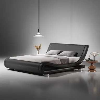 SHA CERLIN Upholstered Sleigh Bed Frame (Frame Only, No Mattress) - Low Profile with Faux Leather Adjustable Curved Upholstered Headboard, No Box Spring Needed, King/Queen Furniture, Summervibes Gift, Adjustable Upholstered Headboard