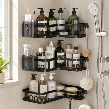 PHANCIR 5 PCS Corner Shower Caddy, No Drilling Stainless Steel Shower Storage Rack with Hooks & Toothpaste Holder for Bathroom, Black