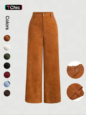 Women's Basic Plain Pocket Button Front Wide Leg Pants, Casual High Waist Trousers for Daily Wear, Ladies Bottoms for All Seasons, Baggy Pants