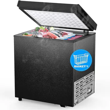 COWSAR 1.8 Cu.Ft Chest Freezer with Removable Basket and Bottom Defrost Water Drain Freestanding Top Open Door, Deep Freezer, Icebox, Cold Storage, Food Preservation, Mini Freezer with Adjustable 7 Thermostat for Home/Apartment, Black
