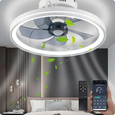 BaySquirrel 19in Contemporary Bladeless DC Motor Steel LED Ceiling Fan with Light - 36W Power, 10-100% Dimming Brightness, 6 Speeds, App & Remote Control, Safer Indoor Use for Bedroom Home Improvement
