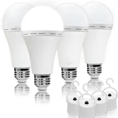Rechargeable Emergency Light Bulbs 4 Pack A19, Camping Lamp 6000K, 12W (60W Equivalent), 120V, Battery Powered, 1200mAh for Home Power Outage, Energy Saver, Outdoor Activities, Emergency Bulb, 2.7 Inches Diameter
