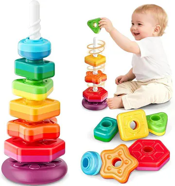 Baby Spinning Stacking Toy for Toddlers 1-3, Rainbow Ring Stacker with Rattle Beads & Numbers 1-6, Sensory Montessori Learning Toy for Fine Motor Skills, 1st Birthday Gift for Boys and Girls, Baby Toys, Toddler Toys