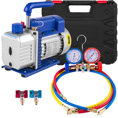 【Summerfinds】VEVOR 3CFM 1/4HP Single Stage Air Vacuum Pump HVAC R134a R12 R22 R410a A/C Refrigeration Kit AC Manifold Gauge R134 Can Tap Included Carrying Tote, Tool Kit Set, Refrigerators, Complete Refrigerant Tool Kit