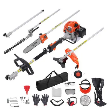 【Summerfinds】VEVOR Gas Garden Full Kit (26cc/33cc/43cc-52cc) - Hedge Trimmer, Weed Eater, Brush Cutter, Edger, Pole Saw Chainsaw Pruner Whacker, High Branch Scissor, 3t Rotating Grass Trimmer Head, Shoulder Strap, Portable, Storage Bag, Tool Kit, Ergonomi
