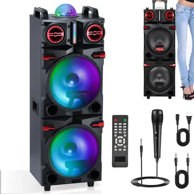 Dual 10\" Woofer + 3\" Tweeter Portable Wireless Bluetooth Speaker Rechargeable PA System Karaoke Machine with Flashing Party Light Microphone Remote