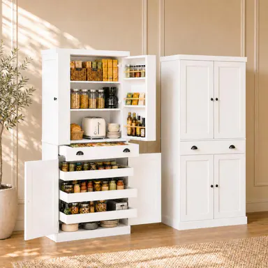 IRONCK 72.5-Inch Freestanding Kitchen Pantry Cabinet, Large-Capacity Space-Saving Storage with 3 Pull-Out Shelves, Large Drawer and 6 Door Racks, Ships in 2 Boxes