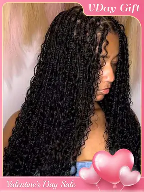 33-Inch Black Lace-Front Box Braided Wig, Distressed Knotless Braids for Women, Synthetic Curly Braided Lace Wigs for Party & Daily Wear, Curled Synthetic Wig