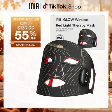 INIA GLOW Wireless LED Red Light Therapy Mask Face - Rechargeable Battery (90 Min Continuous Use), Travel Size Skin Mask, Portable, Targets Eyes, for At-Home Skincare, 2-Year Warranty, Adult Facial Beauty Device