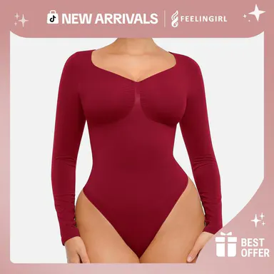 FeelinGirl Womenswear Seamless Long Sleeve Thong Bodysuit V Neck Going Out Fabric Comfortable Casual Breathable newarrivals SohoChic Basic Soft
