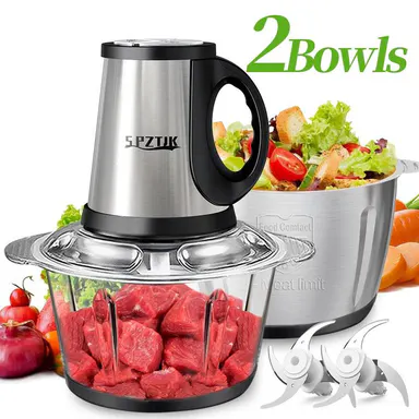 SPZTJK  Top Kitchen US Registered Kitchen Brand Electric Meat Grinder, Dual Stainless Steel Bowls & Double Sharp Blades Multifunctional Food Chopper Blender Vegetable Cutter Household Kitchen Appliance