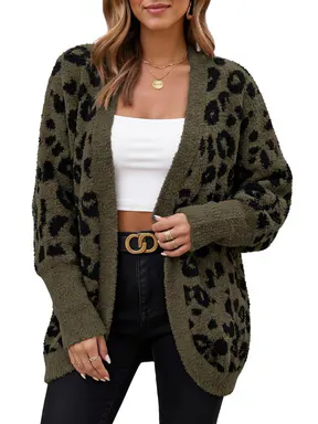 BTFBM Women's Leopard Print Long Sleeve Sweater Cardigan Loose Knit Open Front Fall Winter Outwear Coats