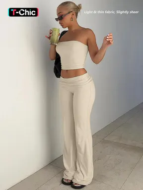 Two-Piece Set Women's Solid Basic Crop Strapless Fitted Tube Top & Foldover Waist Flare Leg Pants, Everyday Casual Fashion Cozy Fabric Outfits for Daily Outdoor Wear, Ladies Clothes for Summer, Casual Lounge Set