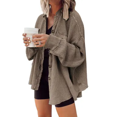 CHOUYATOU Women's Loose Fit Batwing Sleeve Waffle Knit Button Down Shacket Top - Women's Clothes, Outfits Suit for Casual Chic Office Wear in Spring Fall Winter, Tops For Women
