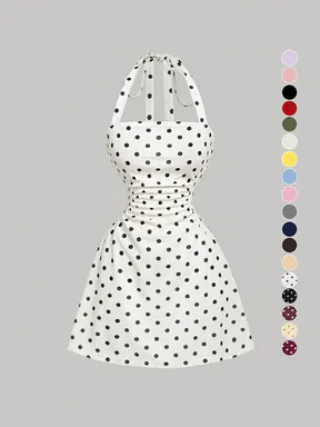 Women's Plain Ruched Tie Back Halter Dress, Casual Chic Sleeveless A Line Short Dress for Summer, Ladies Clothes for Daily Wear
