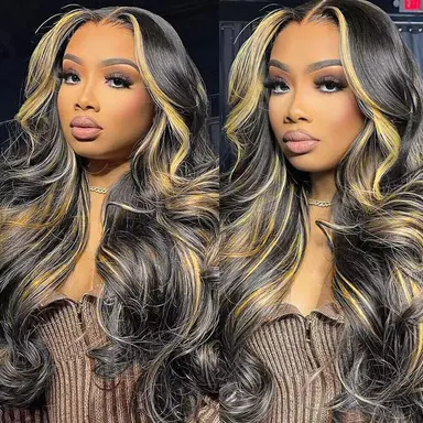 QUANDIAN Women's 13*6 Lace Front Wavy Human Hair Wig, 100% Human Wigs, 200% Density Body Wave, Balayage Ombre Highlight, Pre-Plucked Natural Hairline