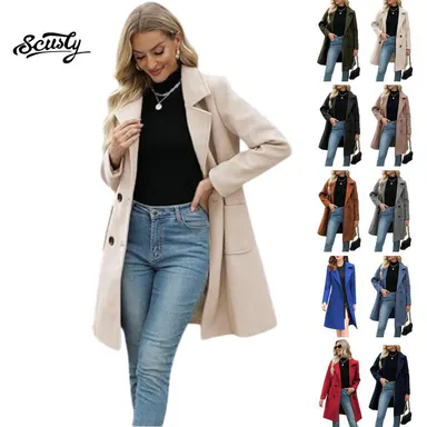 SCUSTY Women Fall Winter Wool Blend Camel Mid-Long Coat Notch Double-Breasted Lapel Jacket Outwear SohoChic