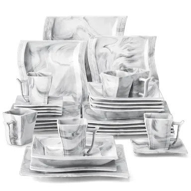 MALACASA Plates and Bowls Sets, Porcelain Dinnerware Sets for 6, Square Dinnerware Set with Dinner Plate, Dessert Plate, Soup Plate, Modern Dish Set, Series Flora Kitchenware Home