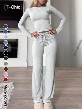 Women's Solid-Color Long-Sleeve Soft Thick Knit Fabric Crop Tee & High-Waisted Drawstring Pants Two-Piece Set, Clothes, Basic Casual Slim-Fit Everyday Outfit for Fall and Winter, Womenswear