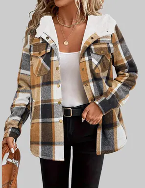 ZEAGOO Women's Plaid Fleece Shacket Jacket - Long Sleeve, Button Down, Hooded, Loose Tops, Warm Everyday Style, Comfortable Fabric, Cropped Coat