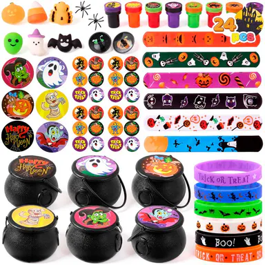 144 Pcs Halloween Toy Gifts for Kids, 24 Packs Prefilled Mini Pumpkin Buckets for Kids Halloween Party Favors Trick or Treat 144Pcs Witch's Jar (24 Packs)