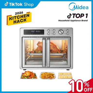 [2026 Kitchen Hack] Midea Flexify French Door Air Fryer Toaster Oven Combo 26.4 QT, Extra Large Countertop Air Fryer Oven 10-in-1 Combo 25% Faster Cooking & 90% Less Oil, Elegant Design Convection Fan, Gift of the Season