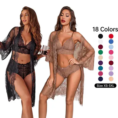 Avidlove Women's Alluring 3-Piece Lingerie Collection Brassiere and Brief Set featuring Lace Wrap Robe Sleepwear Sheer Night Dress Perfect for Special Occasions and Regular Wear
