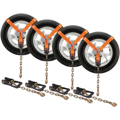 VEVOR Heavy-Duty Ratchet Straps for Cargo, Vehicle & Trailers, 4-Pack 2\"×120\" Polyester Lasso Style with Chain Anchors, Low-Clear Ratchet, Metal Hooks, Molded Grip, 5865 LBS Working Load, 11023 LBS Breaking Strength, Prevents Shifting, Father's Day Gift,t